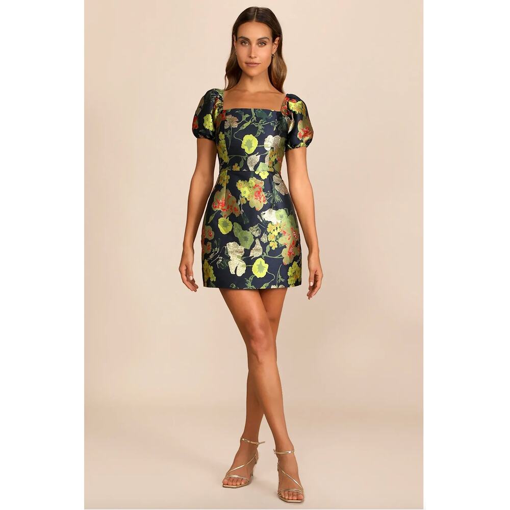 Lulu's So Stunning Navy Blue Floral Jacquard Puff Sleeve Mini Dress Size XL NWT